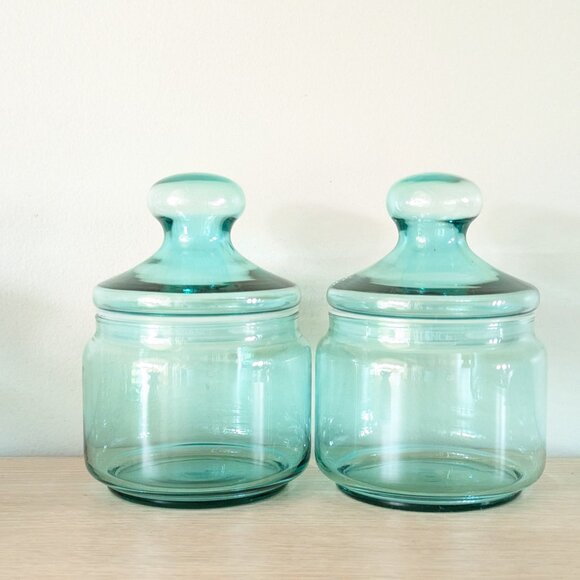 Vintage 2 LUMINARC aqua blue glass storage jars, Coastal FRENCH apothecary jars - Picture 2 of 10